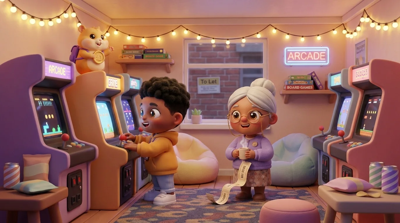 The arcade: Mo playing a cabinet while Chip cheers and Nana holds up a high-score ticket