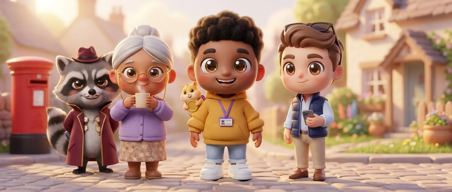 The cast: Ronnie Rugpull the raccoon, Nana with her tea, Mo with Chip the hamster on his shoulder, and Dex with his phone