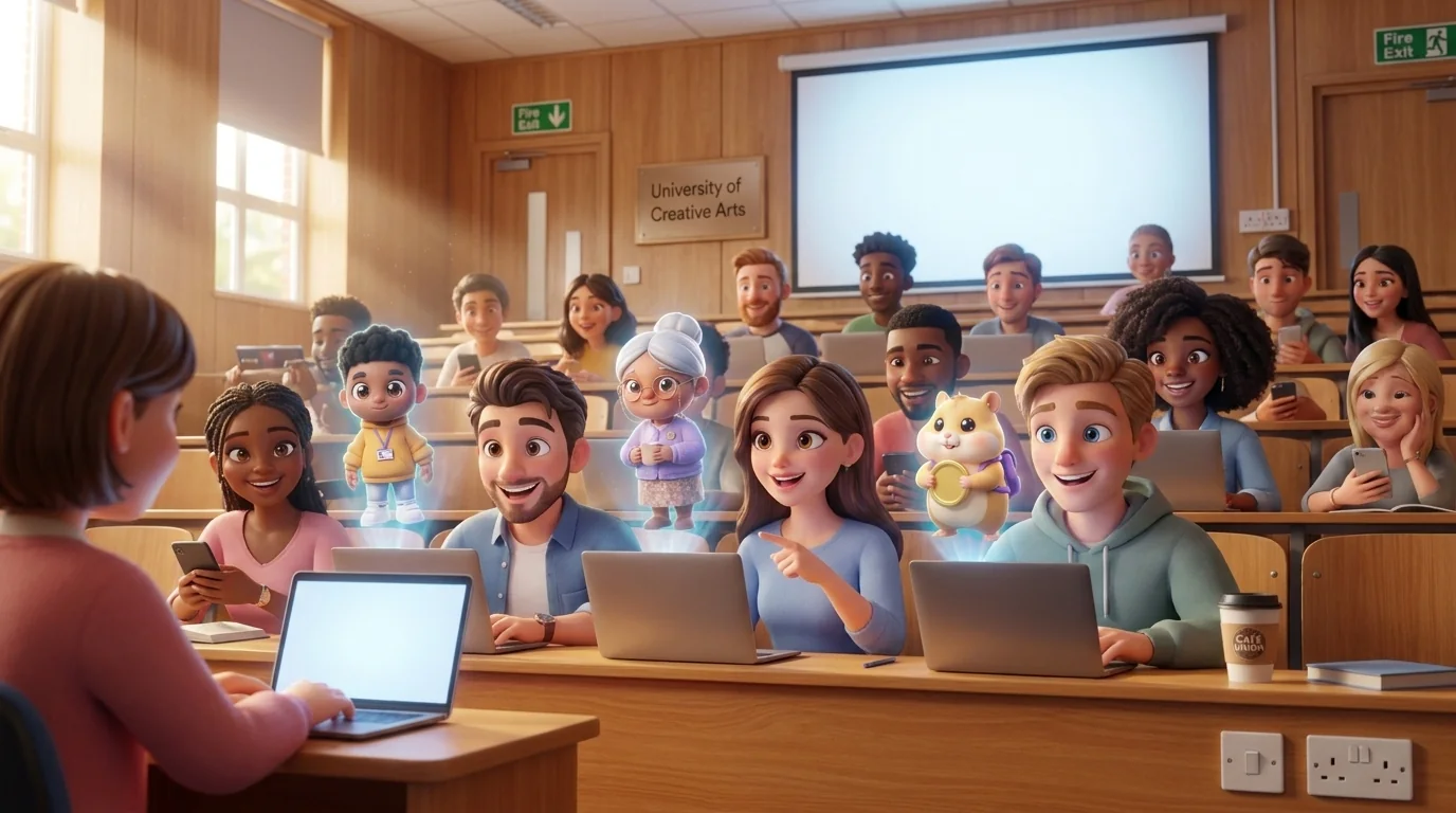 Students in a lecture theatre delighted as Mo, Nana and Chip pop out of their screens