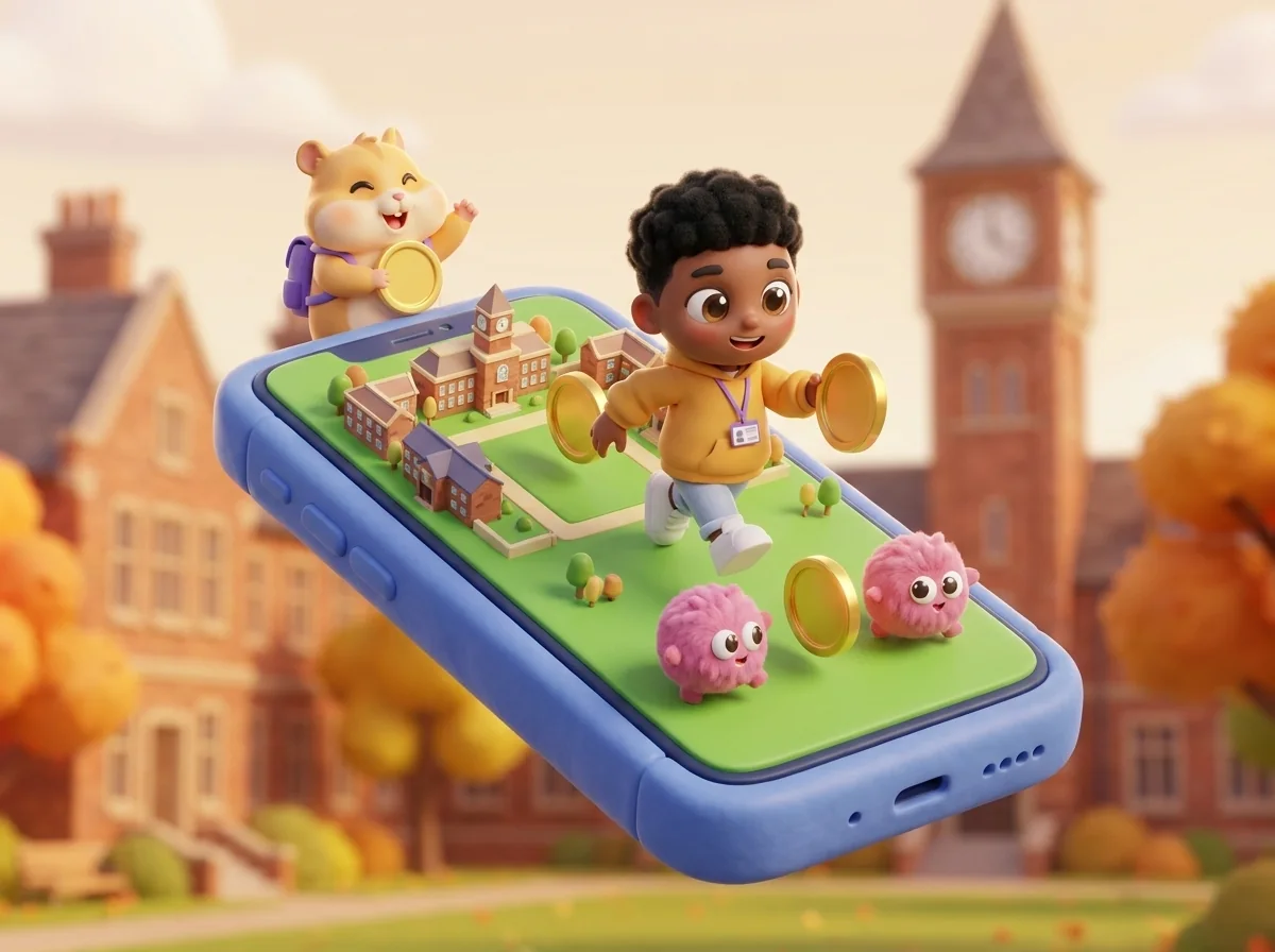 Mo checking a phone covered in money notifications while Chip the hamster peers over his shoulder