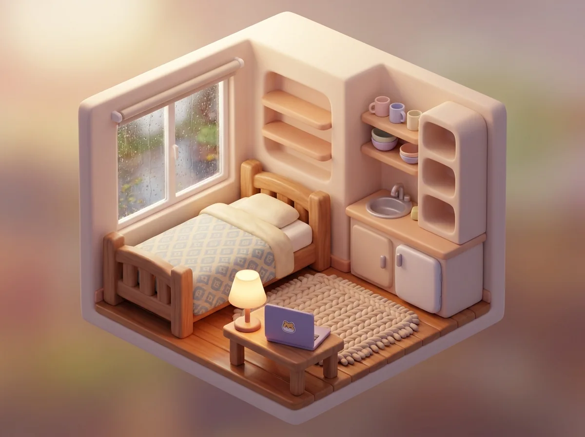 A cosy cartoon studio flat with a budget board on the wall, a jar shelf and Chip's tiny bunk bed