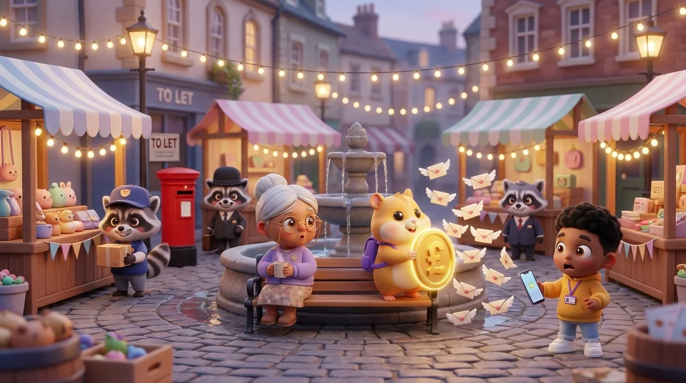 A moody purple alley at dusk where scam-text monsters spill out of a giant phone