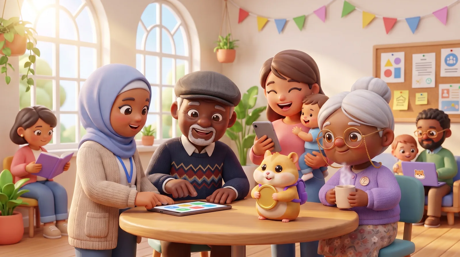 In a bright community hub, a council support officer in a blue hijab helps an older man in a flat cap use a tablet, while a young mum with a toddler laughs at her phone and Nana winks over her tea, with Chip the hamster on the table