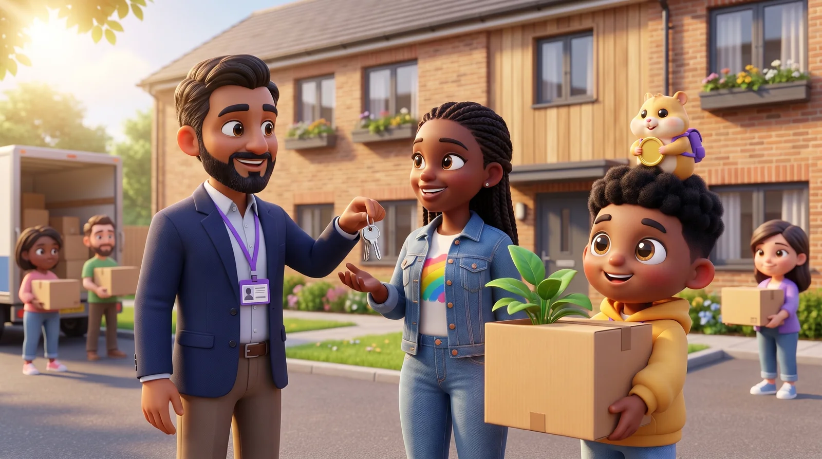 Outside a new housing association block, a housing officer hands a set of keys to a smiling new tenant while Mo carries a box with a plant and Chip the hamster rides on top