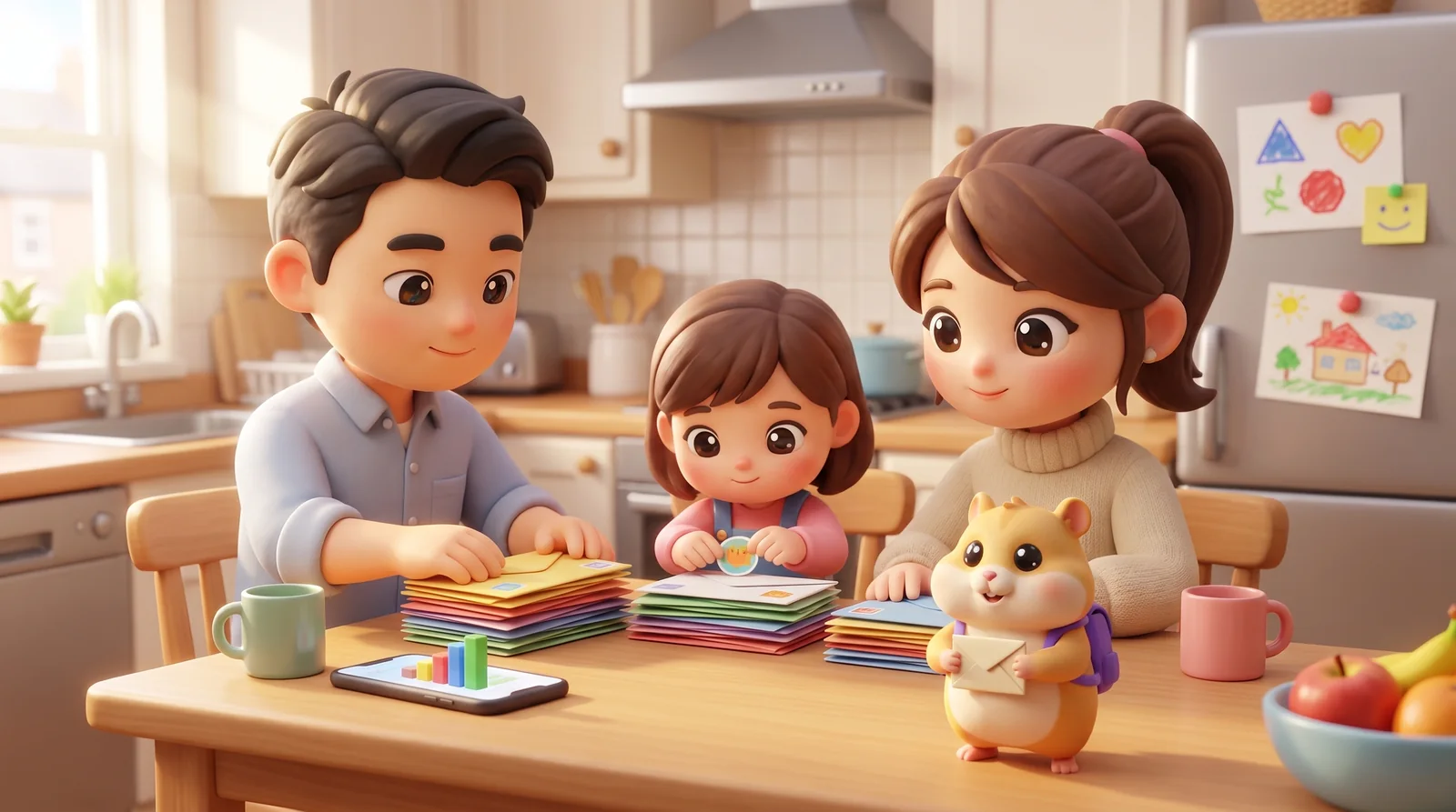 A young family sorts the post into three tidy piles at their kitchen table, a phone showing a simple bar chart, while their daughter adds a sticker and Chip the hamster proudly holds up an envelope