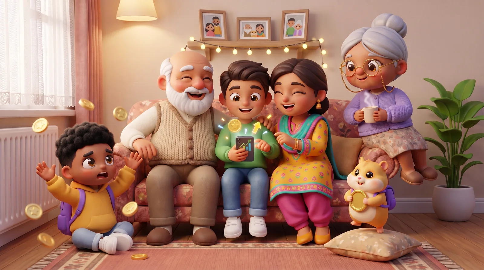 Three generations of a family squeeze onto a sofa, laughing and cheering at a money game on one phone, as Mo throws up his hands at losing a round, Nana sips tea and Chip the hamster bounces on a cushion