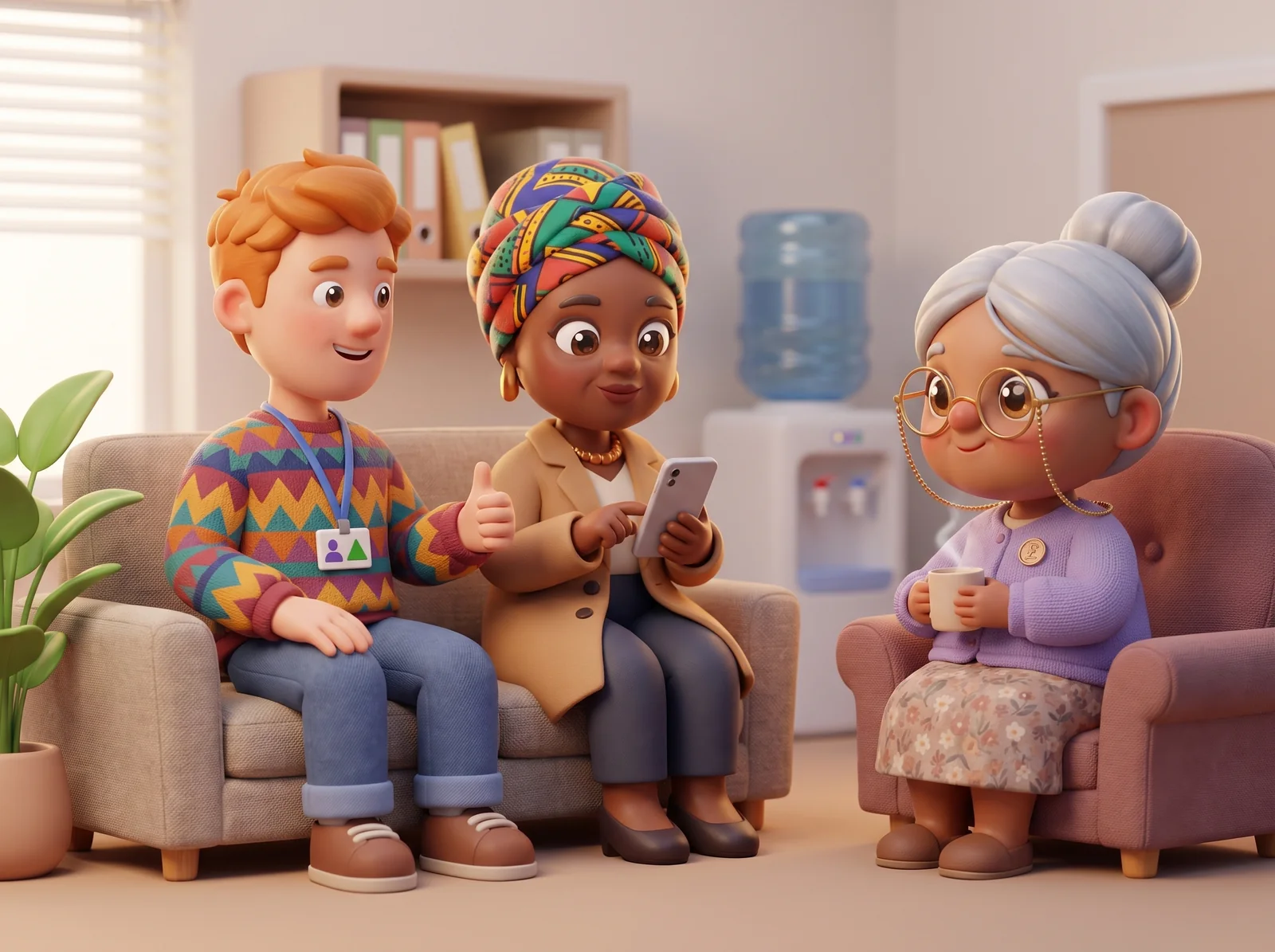 A tenancy support worker sits side by side on a sofa with a tenant in a colourful headwrap as she uses her own phone, giving her a thumbs up, while Nana nods approvingly from an armchair