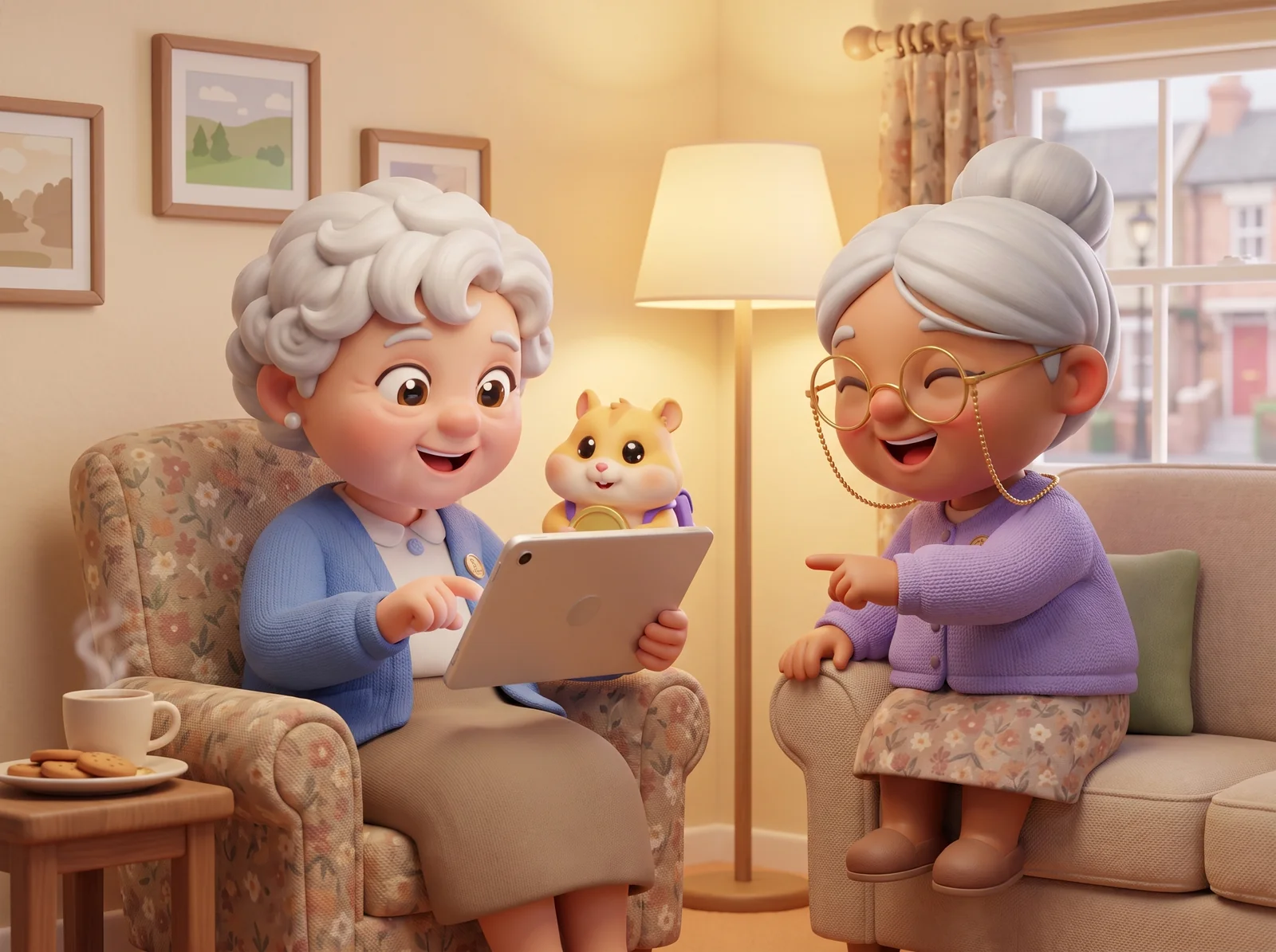 An older woman in a floral armchair taps a tablet with delight as Nana, perched beside her, points at the screen and laughs; Chip the hamster peeks over the top