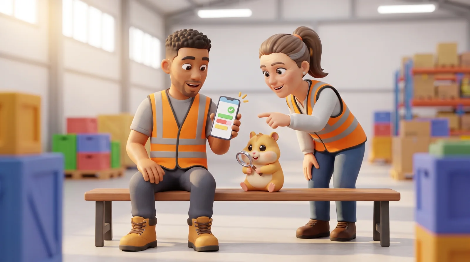 On a warehouse break, a worker in a hi-vis vest checks his payslip on his phone, pleasantly surprised, as a colleague points helpfully at the screen and Chip the hamster inspects it with a magnifying glass