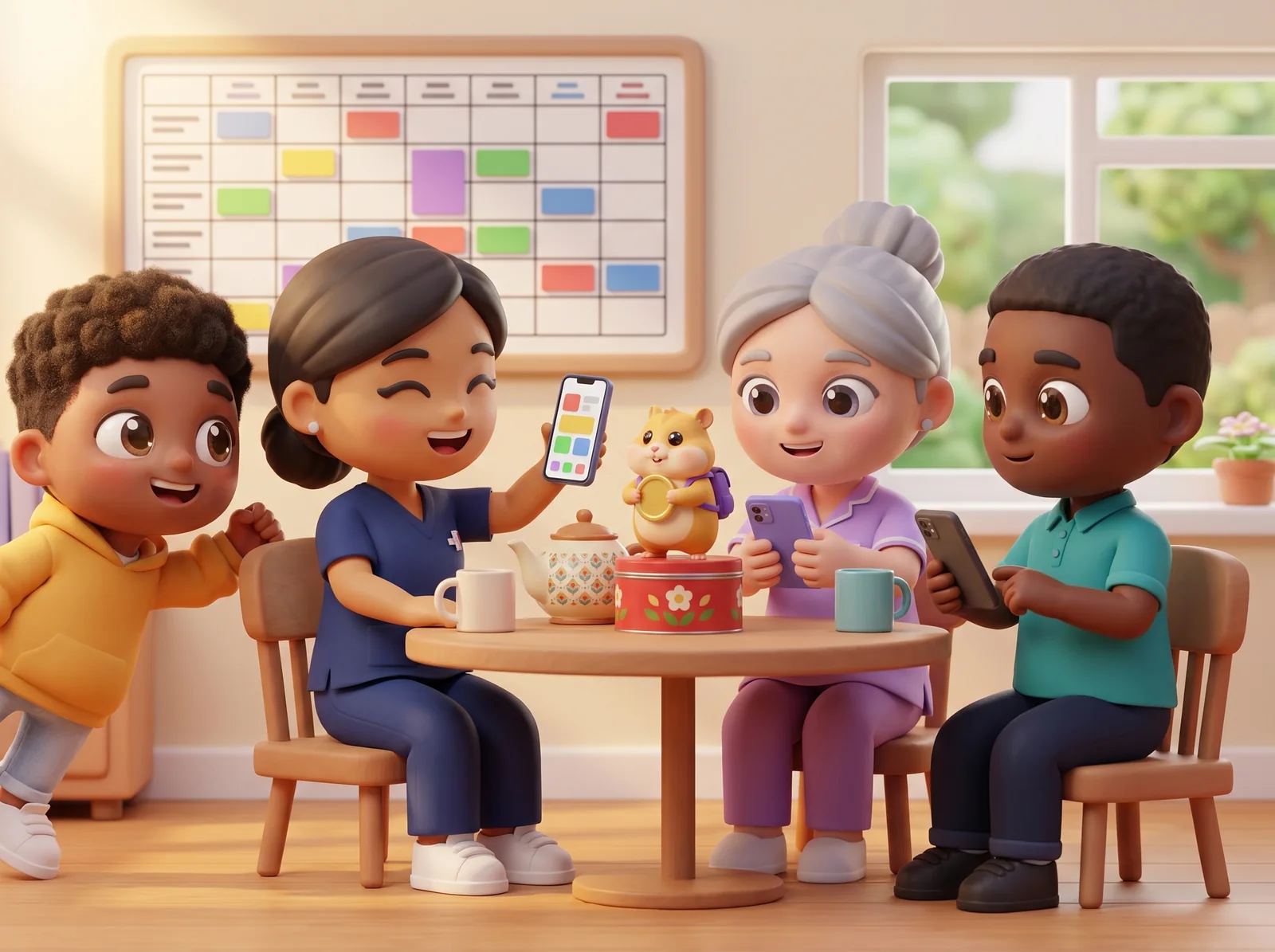 In a hospital staff room, a nurse, a care worker and a porter play a quick money quiz on their phones over tea, with Mo cheering them on and Chip the hamster on the biscuit tin