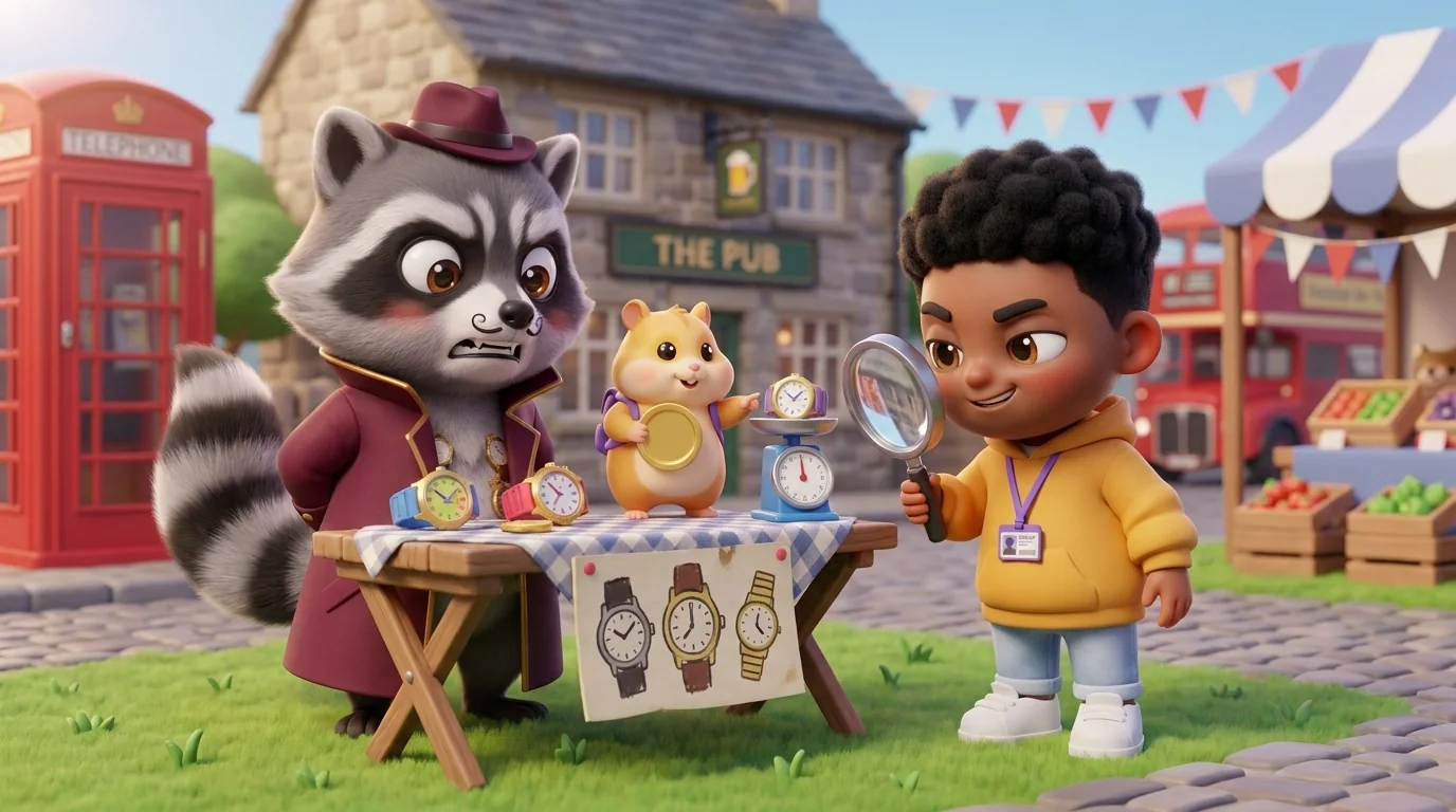 Ronnie Rugpull selling suspicious watches on a market stall while Mo inspects them with a magnifying glass
